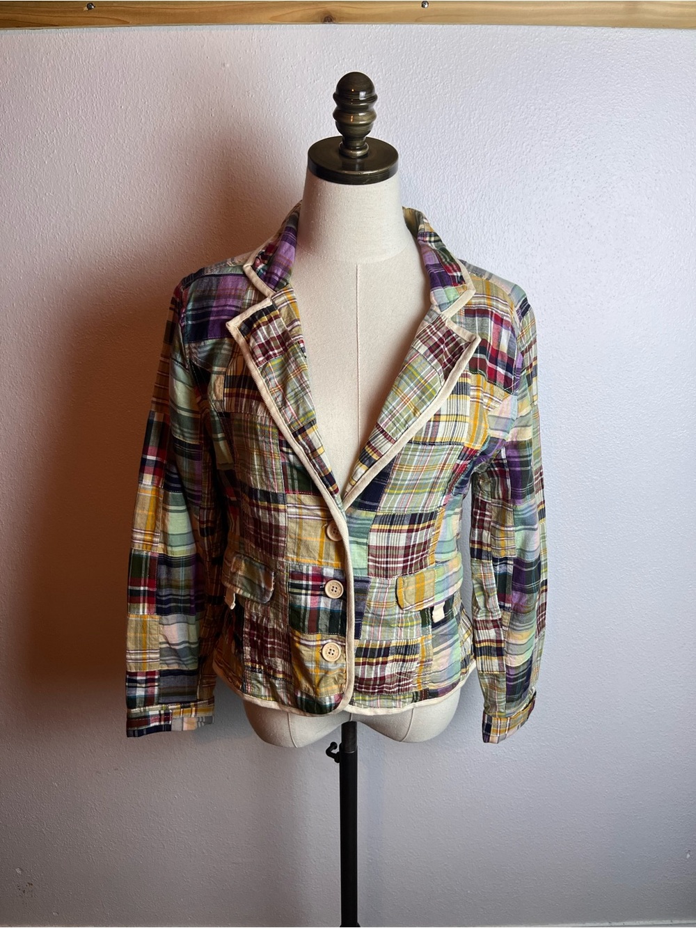 bill blass Multi-Color Plaid Patchwork Blazer 100% Cotton